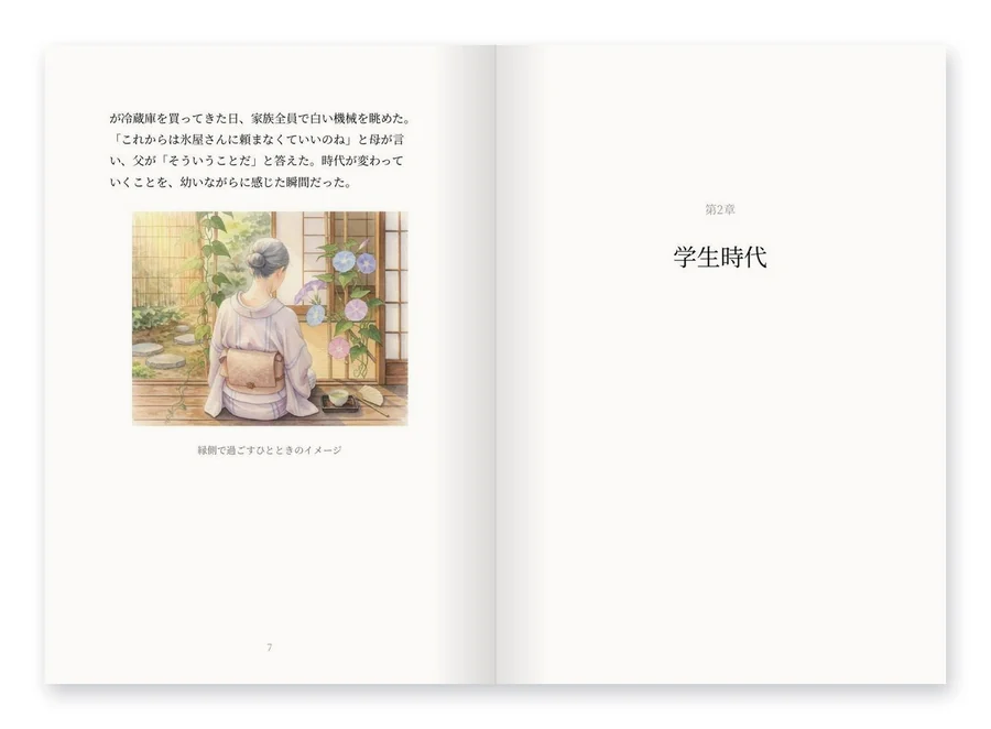 一代記の見本の紙面。左に本文と挿絵、右に第2章の扉が並ぶ見開き